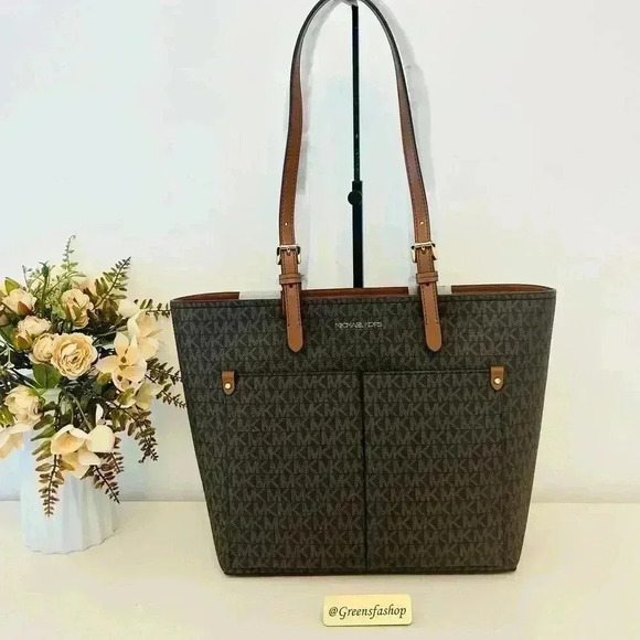 Michael Kors Jet Set Travel Tote Double Pocket Brown Signature MK - Picture 1 of 10
